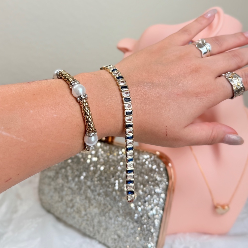 Classic 18Kt Gold Plated Bracelet With Blue and Clear Cubic Zirconia - Picture 9 of 12
